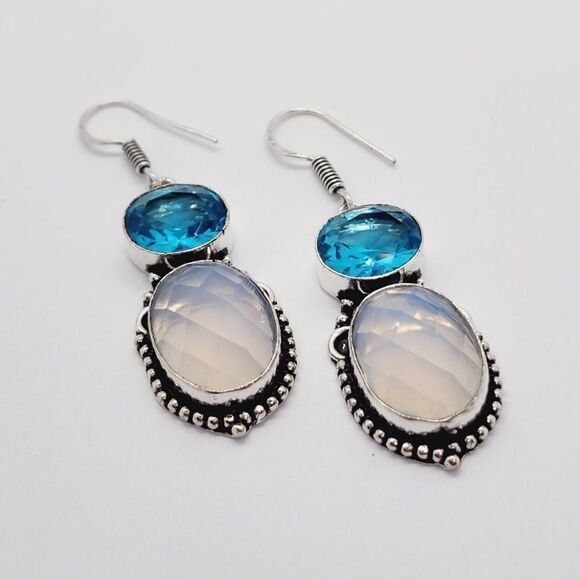 Opalite Blue Topaz Handmade Drop Dangle Earrings Jewelry 2" - Picture 7 of 7